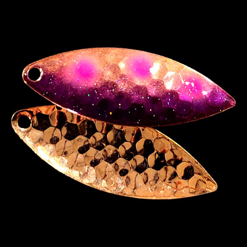 Bago Lures Grape Jelly Walleye Whisperer Willowleaf Spinner Blade with copper back.