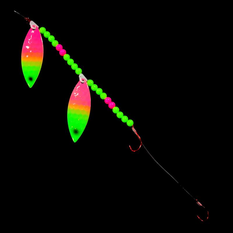 Bago Lures Pink Lime Attack Walleye Whisperer Tandem Willow Leaf Blade Crawler Harness.