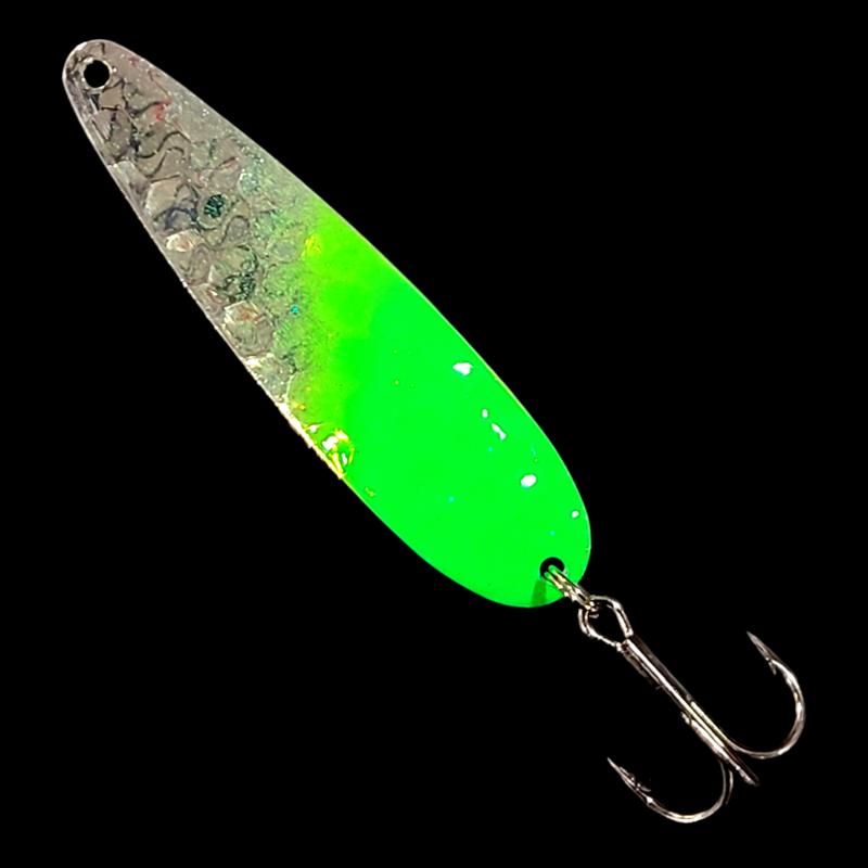Bago Lures Double UV Green Flash Salmon Whisperer Trolling Spoon.