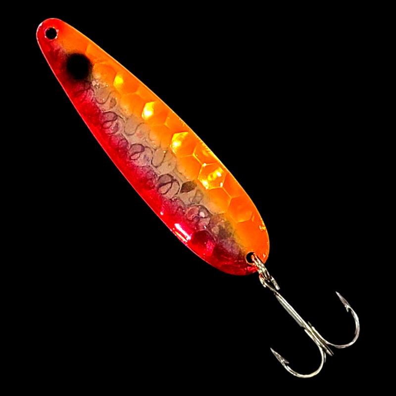 Bago Lures Double UV Orange Red Crush Salmon Whisperer Trolling Spoon.