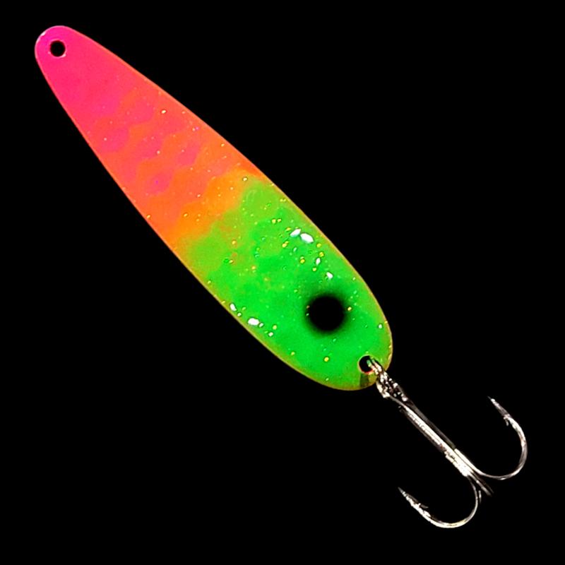Bago Lures Double UV Pink Lime Attack Salmon Whisperer Trolling Spoon.