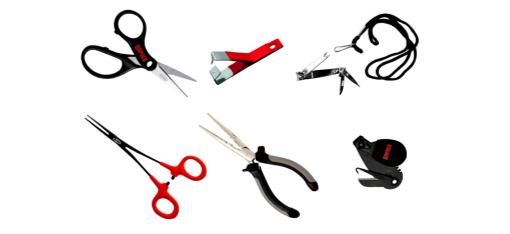 Bago Lures professional fishing tools collection including stainless steel pliers, hemostats, line clippers, rigging scissors, and jig eye cleaner for lure maintenance. 