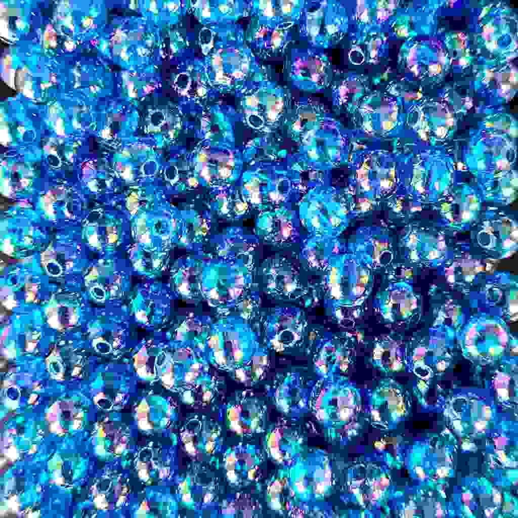 Bago Lures 6mm transparent iridescent blue round beads.