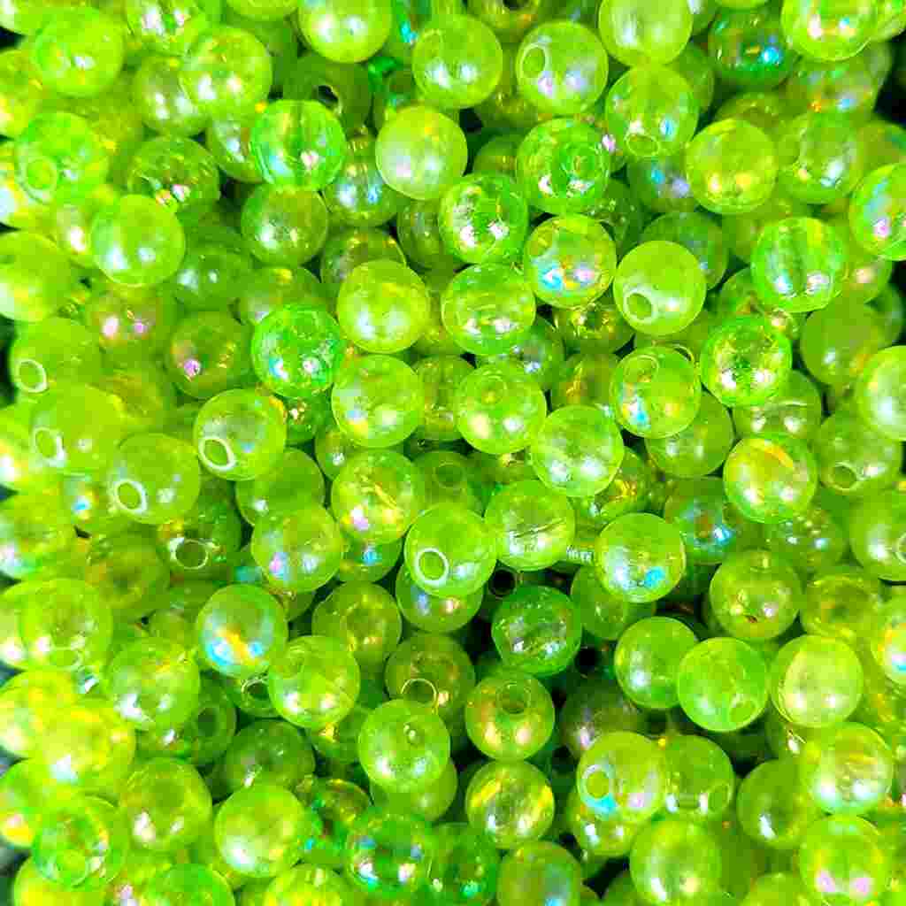 Bago Lures 6mm transparent iridescent bright green round beads.