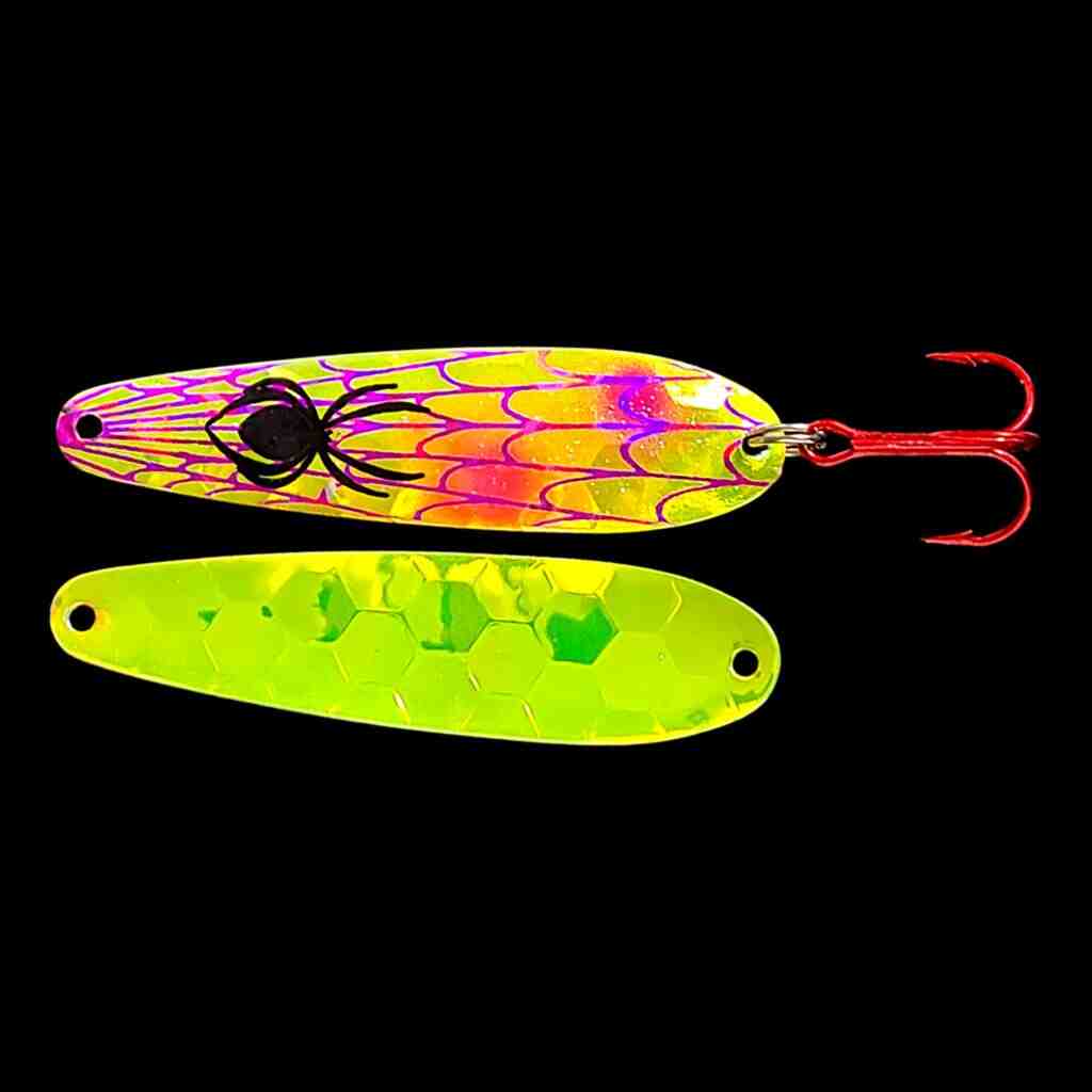 Bago Lures Antifreeze Berry Flutter Spoon with antifreeze back.