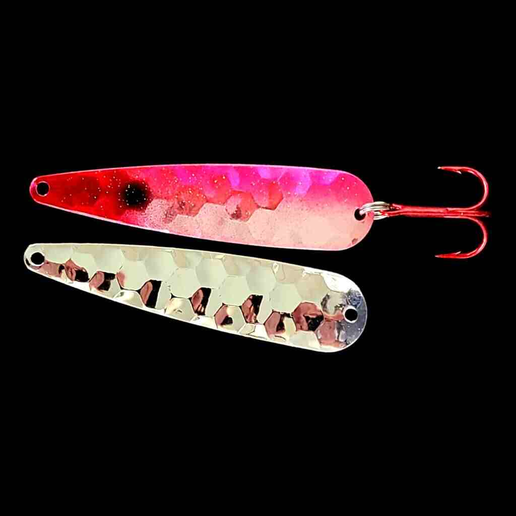 Antifreeze Pink Clown Trolling Flutter Spoon with silver back.