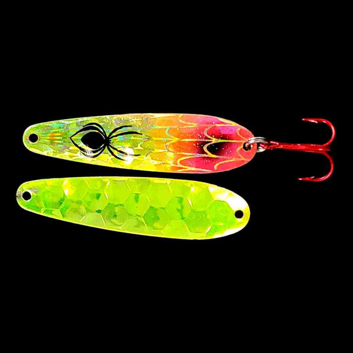 Bago Lures Antifreeze Pink Flutter Spoon with antifreeze back.
