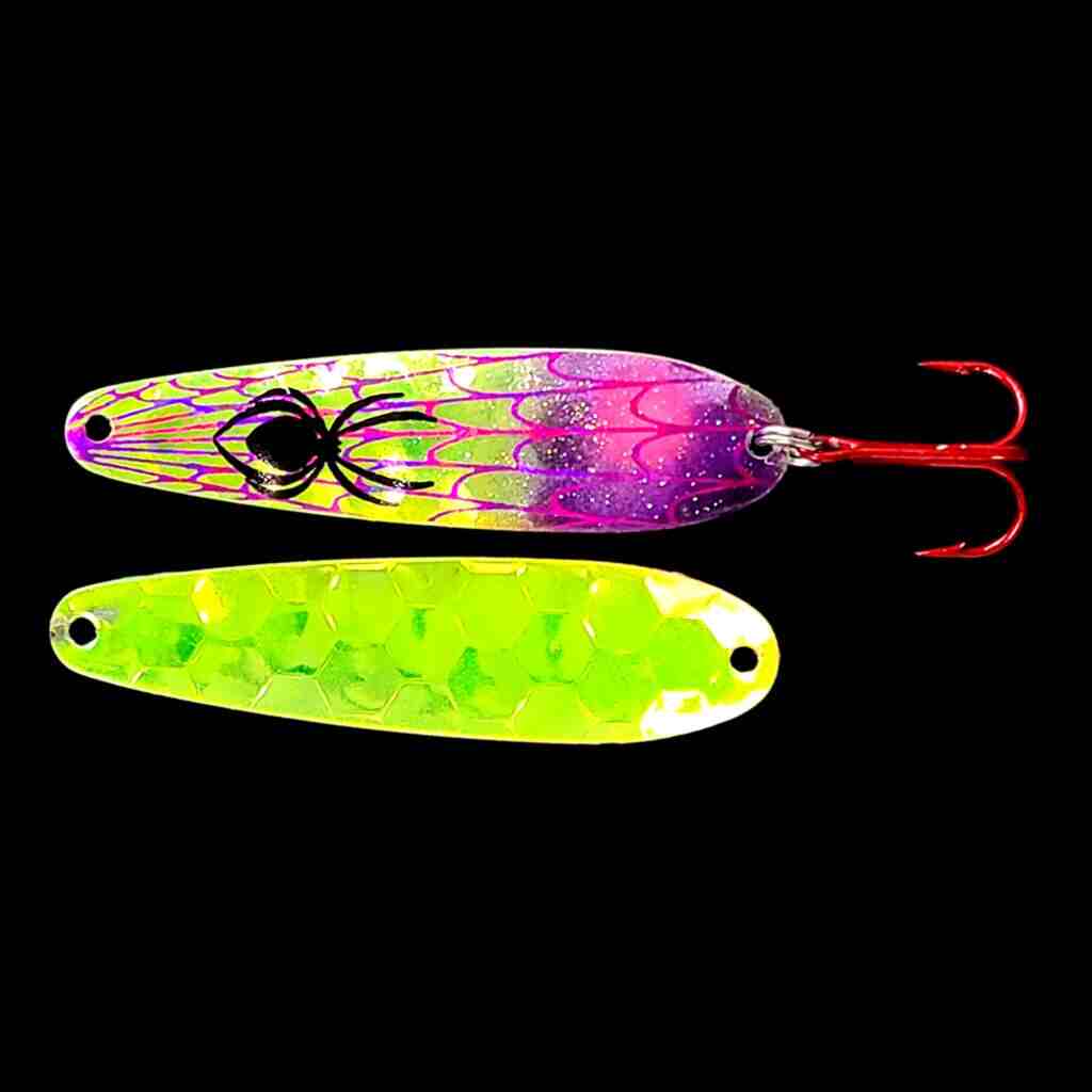 Bago Lures Antifreeze Purple Flutter Spoon with antifreeze back.