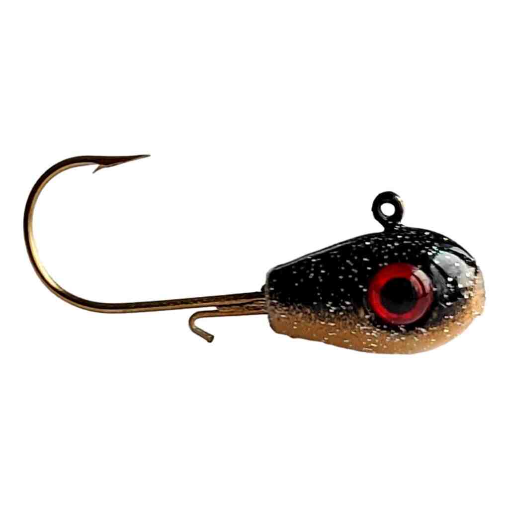 Bago Lures Trophy Chaser Teardrop Walleye Jig in Black Gold color pattern.