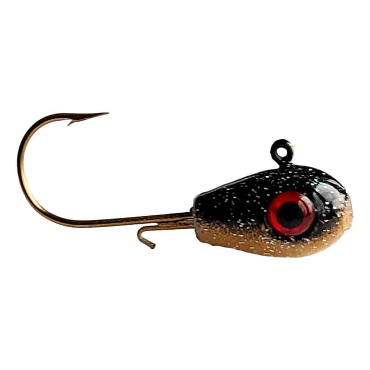 Bago Lures Trophy Chaser Teardrop Walleye Jig in Black Gold color pattern.