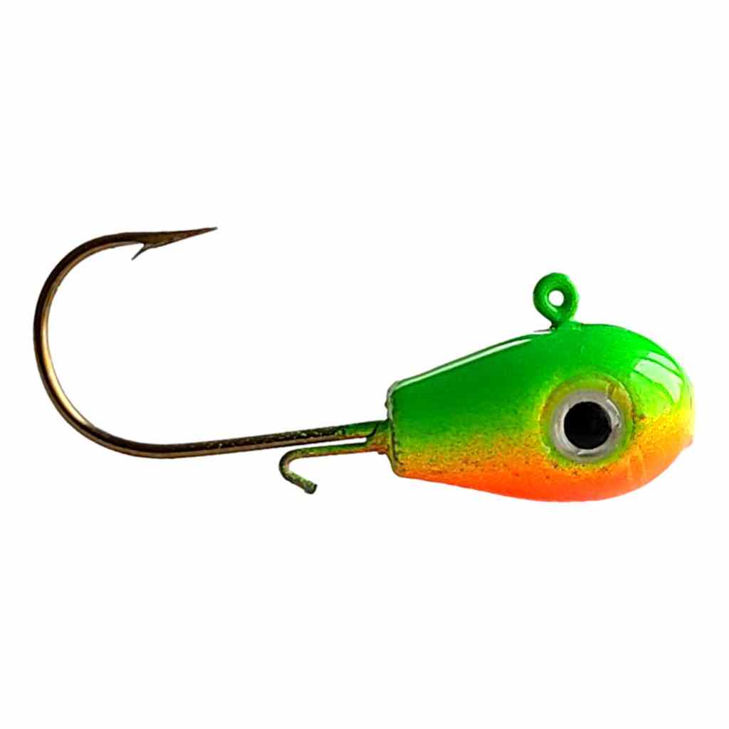 Bago Lures Trophy Chaser Teardrop Walleye Jig in Firetiger color pattern.