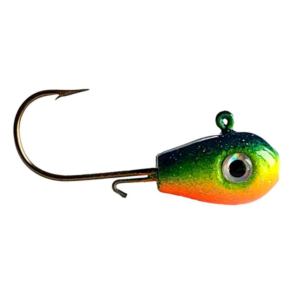 Bago Lures Trophy Chaser Teardrop Walleye Jig in Parrot color pattern.