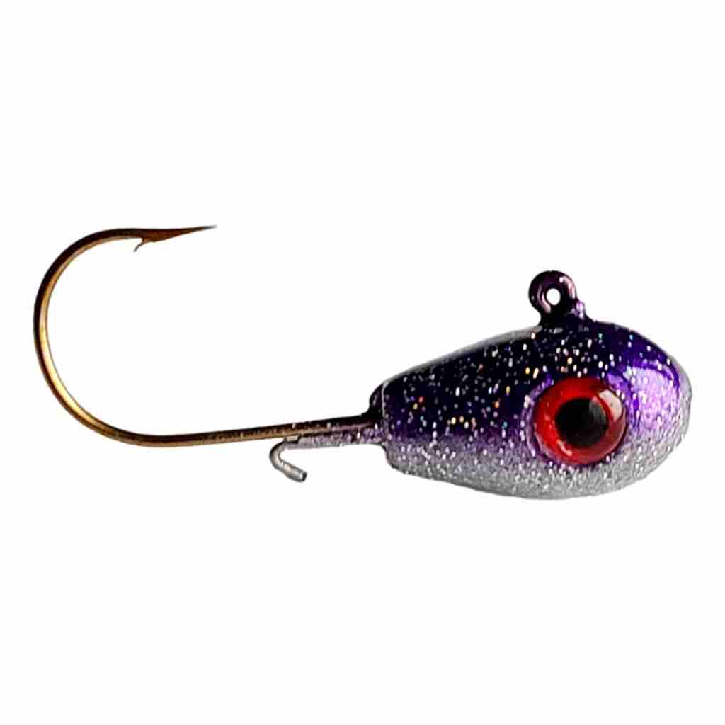 Bago Lures Trophy Chaser Teardrop Walleye Jig in Purple Chrome color pattern.