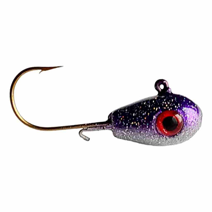 Bago Lures Trophy Chaser Teardrop Walleye Jig in Purple Chrome color pattern.