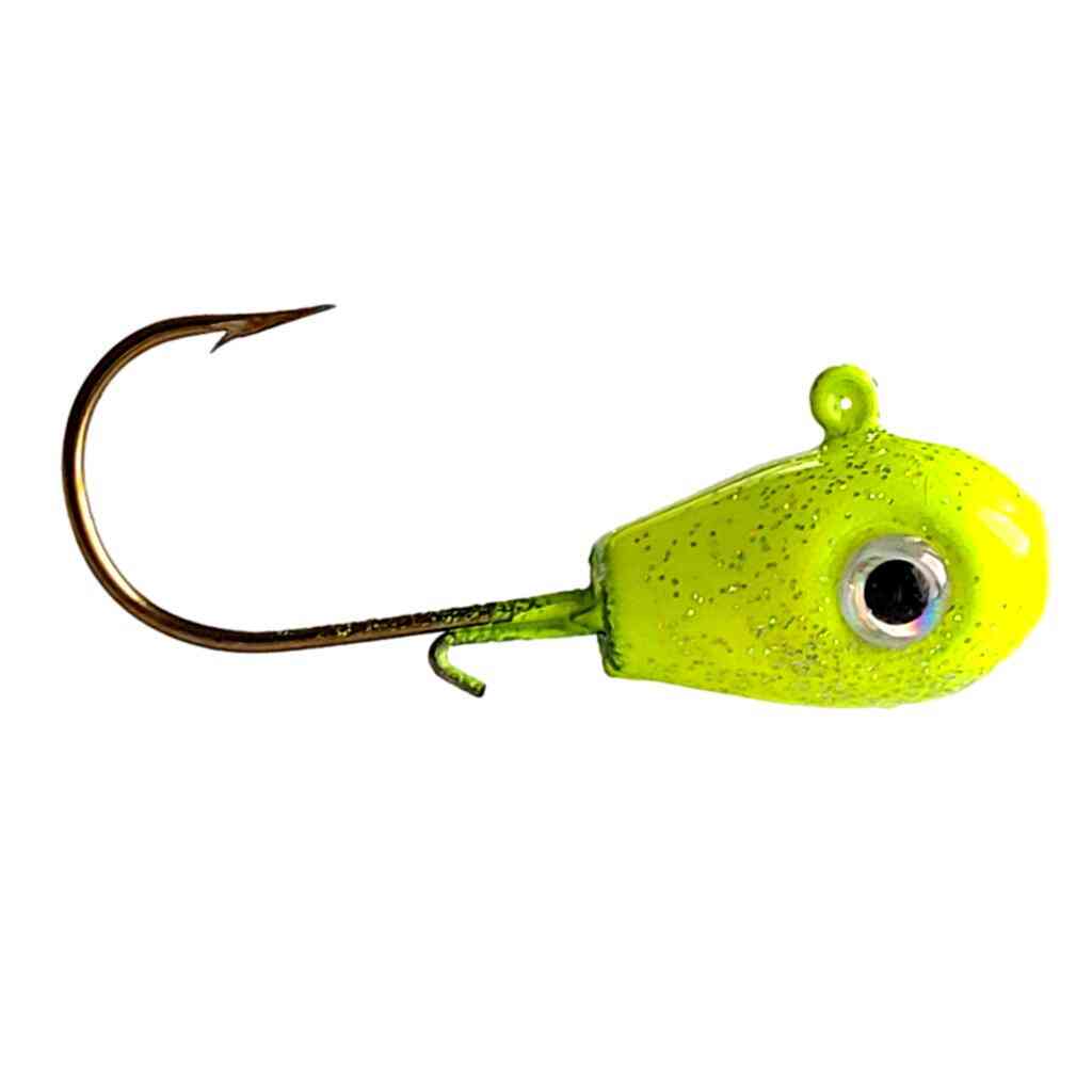 Bago Lures Trophy Chaser Teardrop Walleye Jig in UV Chartreuse color pattern.
