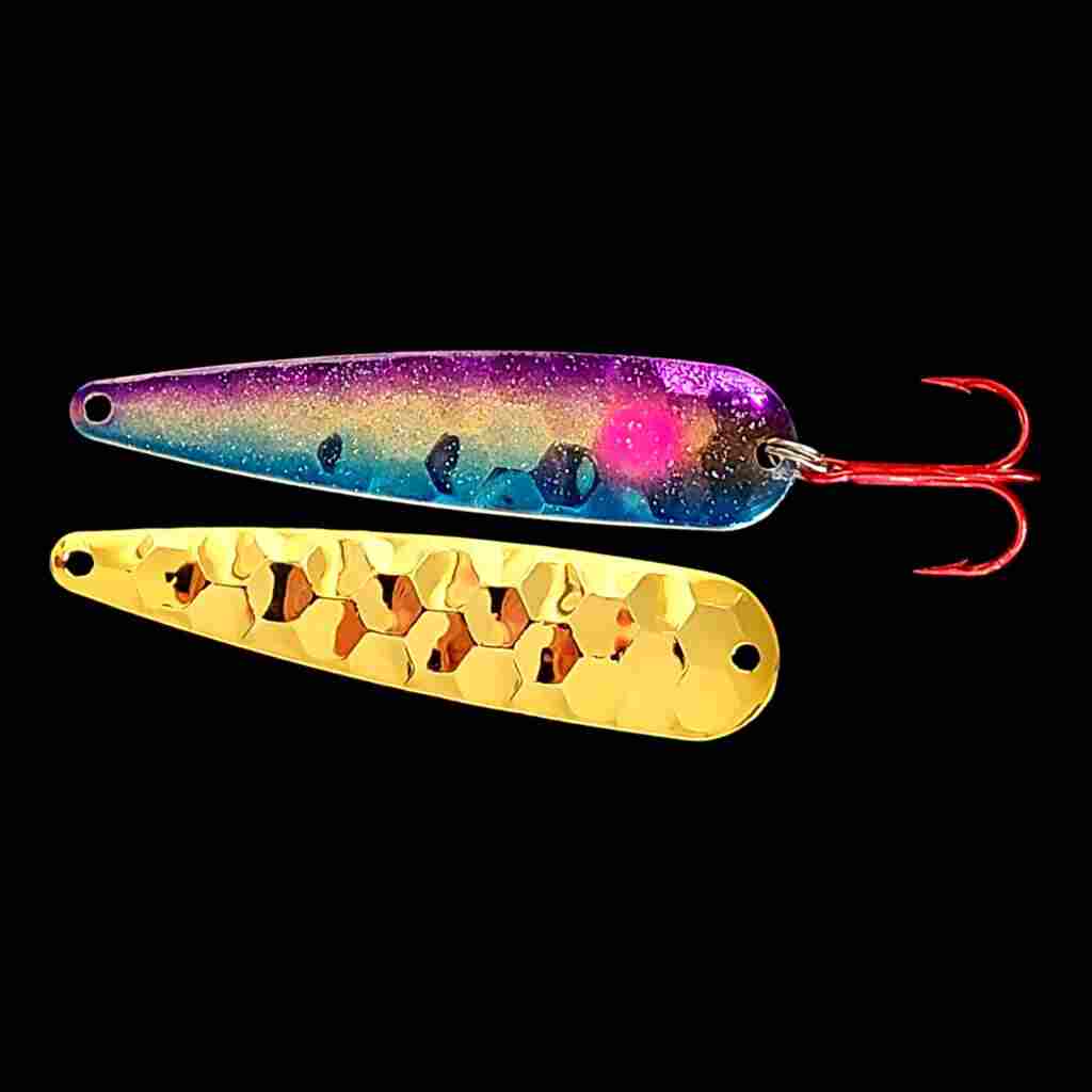 Bago Special trolling flutter spoon with gold back.