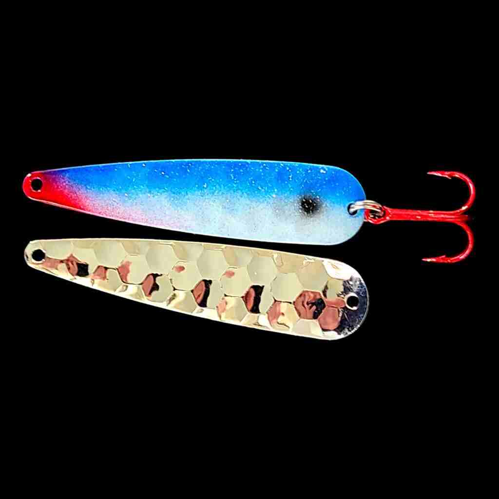Blue Shad Trolling Flutter Spoon with silver back.
