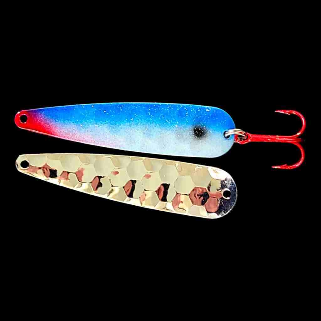 Blue Shad Trolling Flutter Spoon with silver back.
