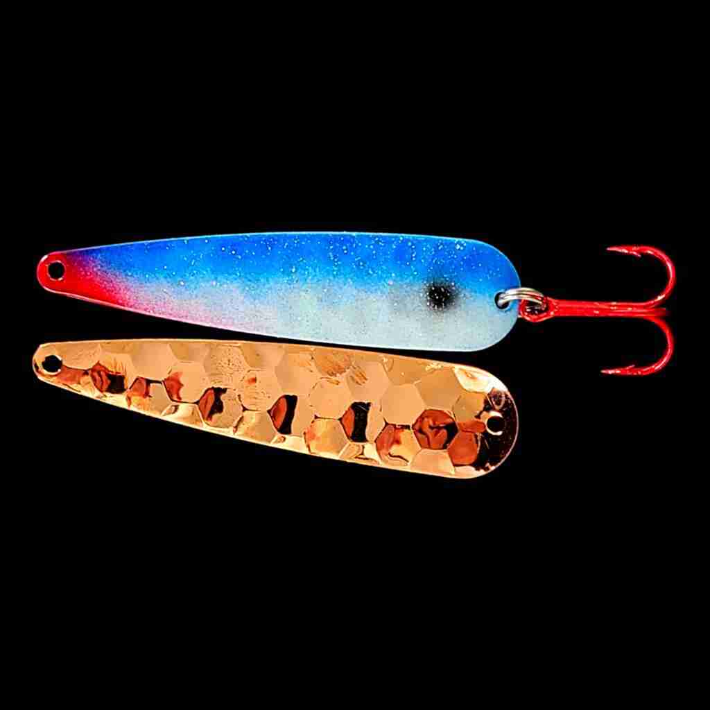 Blue Shad Trolling Flutter Spoon with copper back.