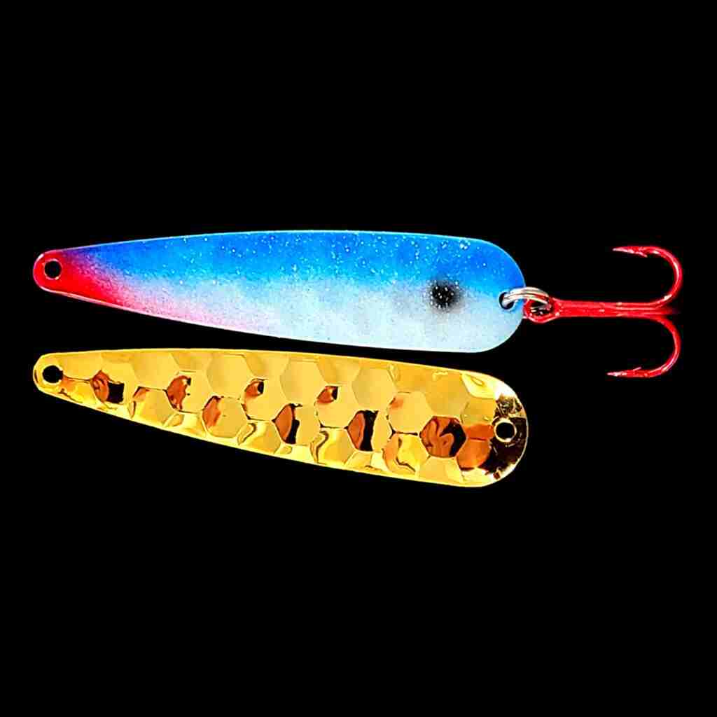 Blue Shad Trolling Flutter Spoon with gold back.