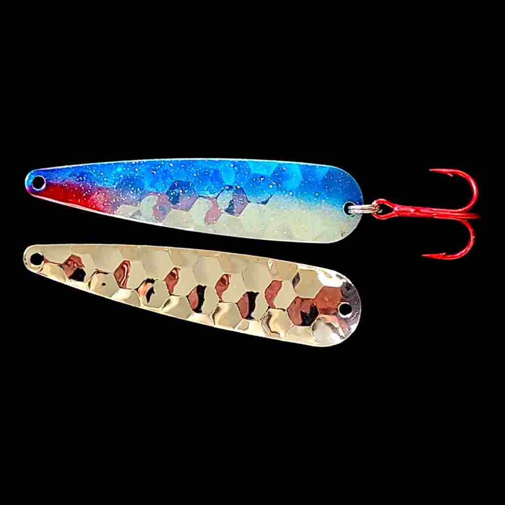 Blue Shiner Trolling Flutter Spoon with silver back.