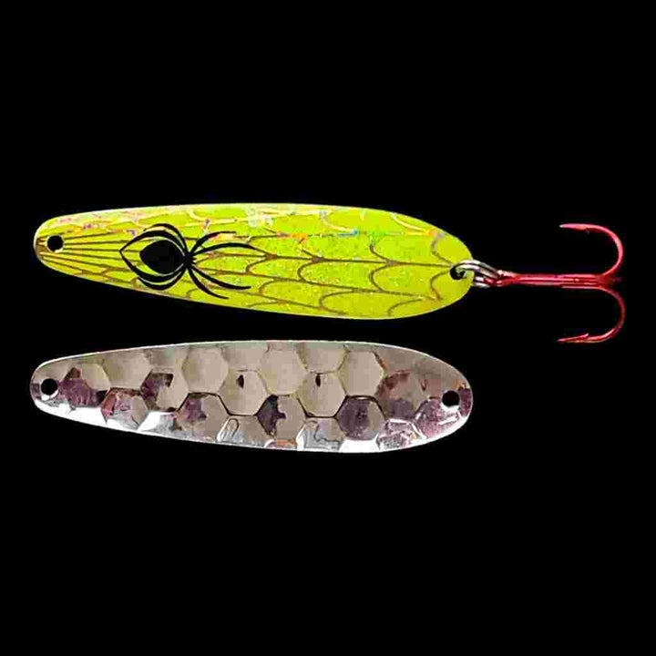 Bago Lures Chartreuse Yellow Walleye Flutter Spoon with Silver Back.