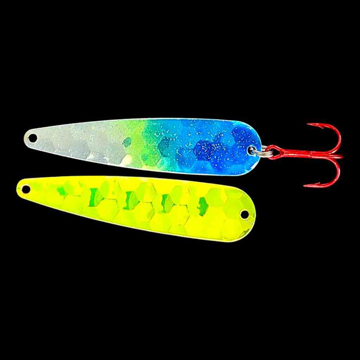 Double UV Blue Flash Trolling Flutter Spoon with antifreeze back.