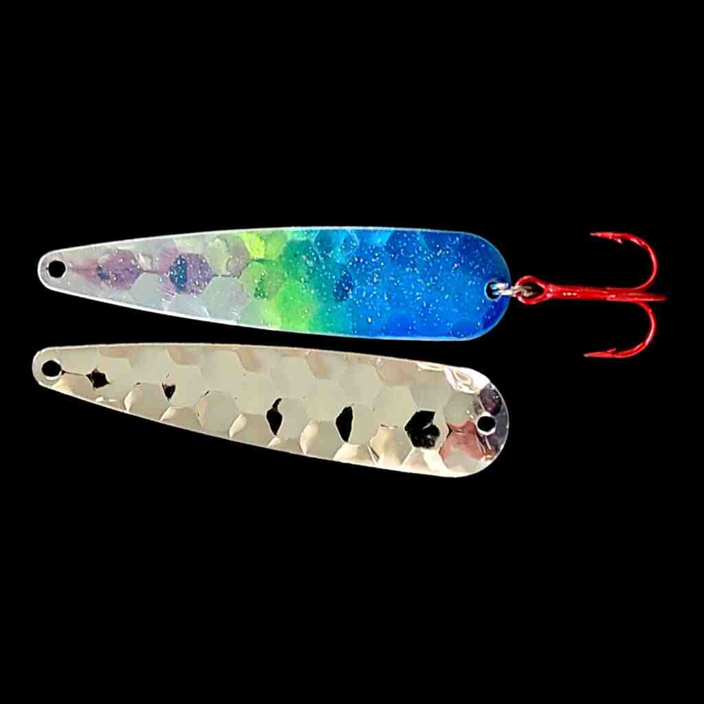 Double UV Blue Flash Trolling Flutter Spoon with silver back.
