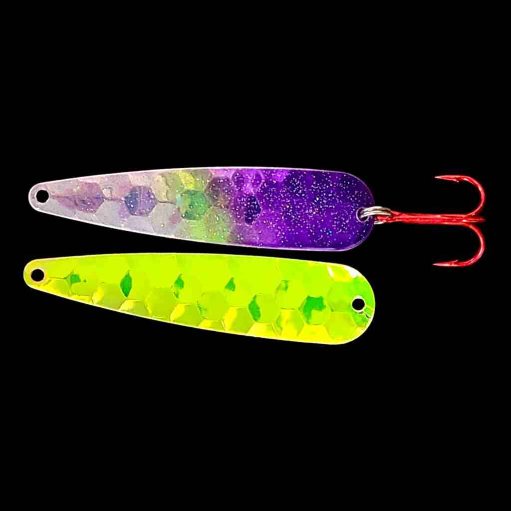 Double UV Purple Flash Trolling Flutter Spoon with antifreeze back.