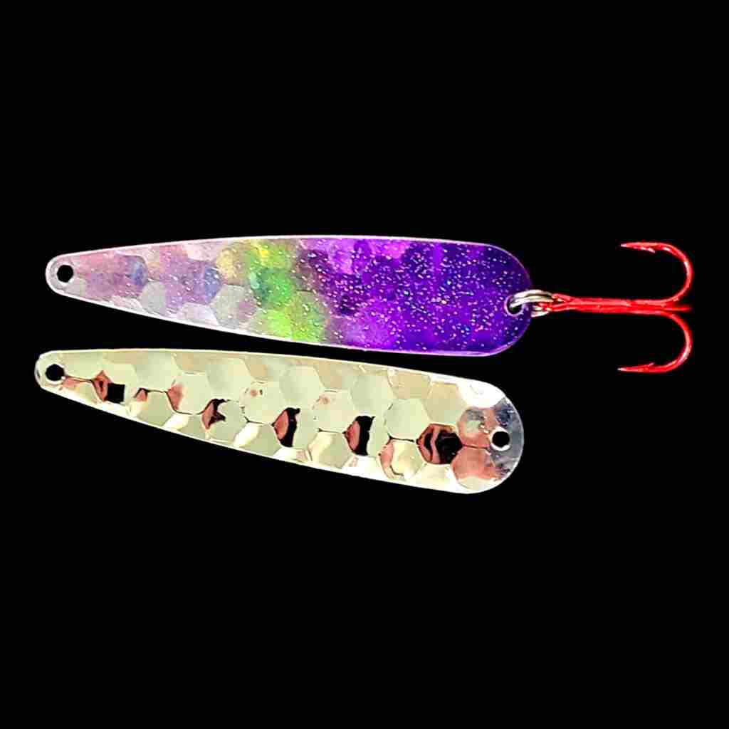 Double UV Purple Flash Trolling Flutter Spoon with silver back.