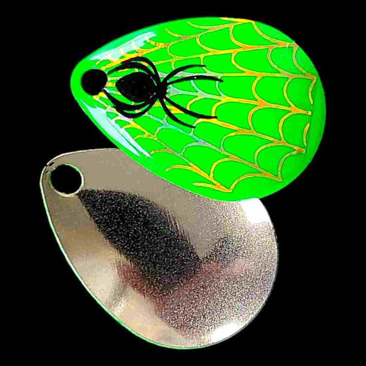 Bago Lures Hot Green size 3 Colorado Blade with nickel back.