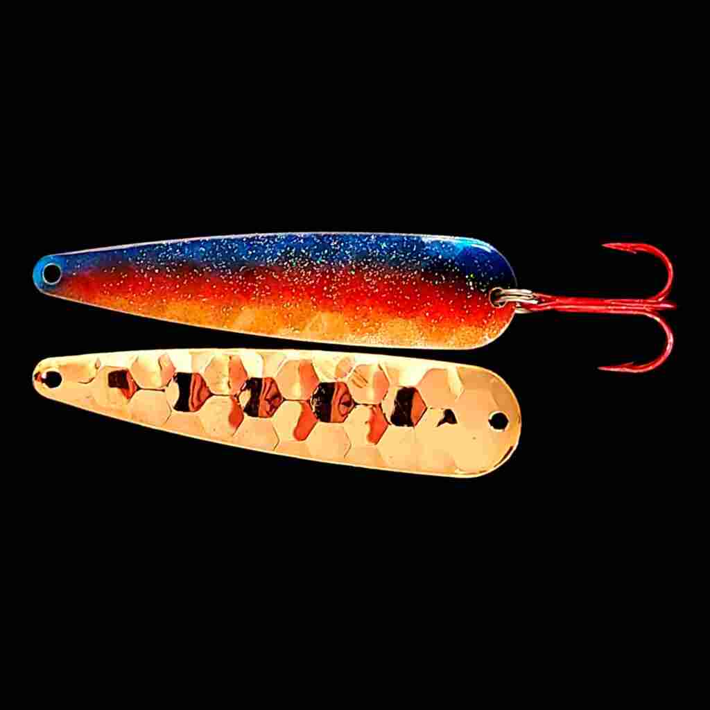 Metallic Superman Trolling Flutter Spoon with copper back.