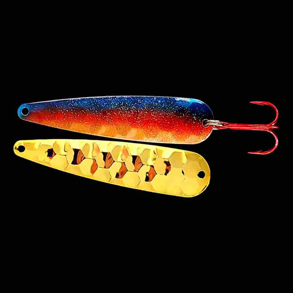 Metallic Superman Trolling Flutter Spoon with gold back.