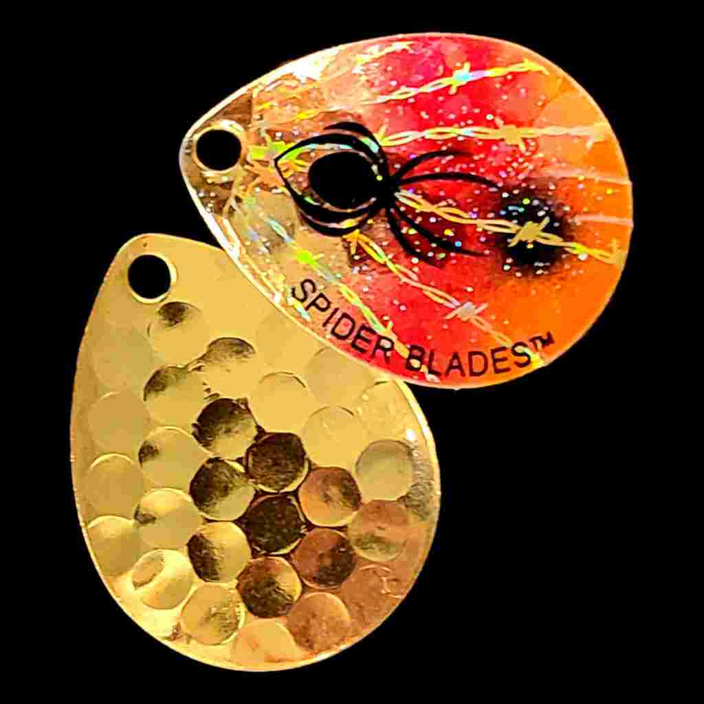 Bago Lures Orange Red Crush Colorado Blade with gold back.