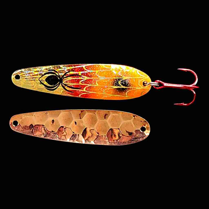 Bago Lures Orange Red Crush Flutter Spoon with copper back.