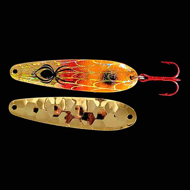 Bago Lures Orange Red Crush Flutter Spoon with gold back.