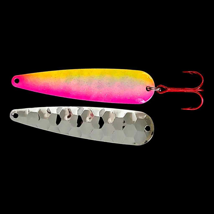Pink Lemonade trolling flutter spoon with silver back.