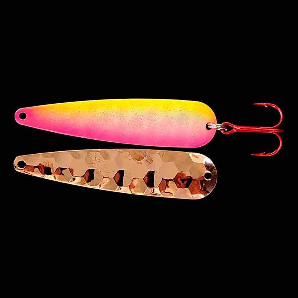 Pink Lemonade trolling flutter spoon with copper back.