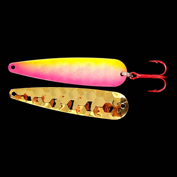 Pink Lemonade trolling flutter spoon with gold back.