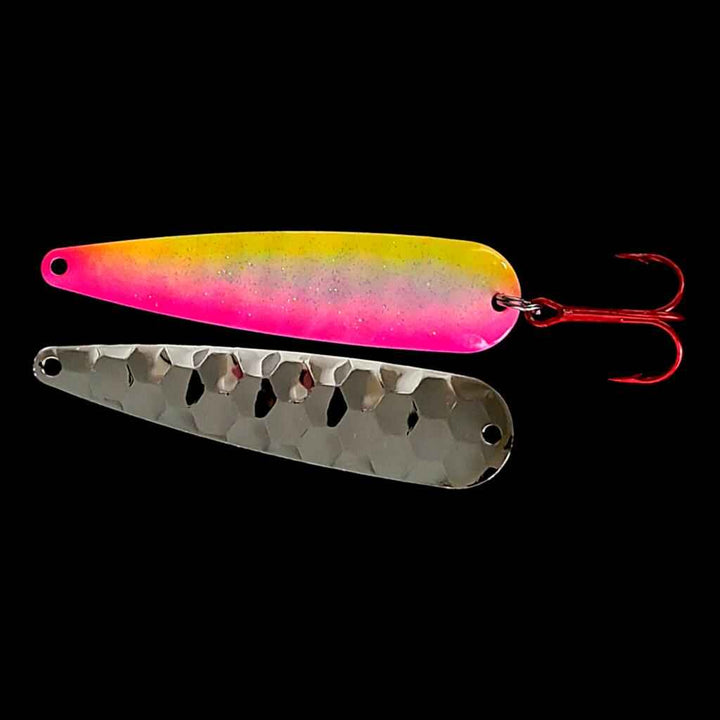 Pink Lemonade trolling flutter spoon with nickel back.