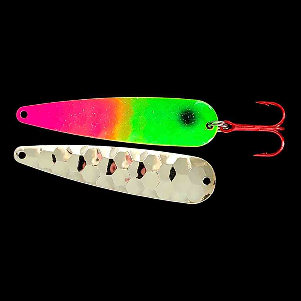 Pink Lime Attack Trolling Flutter Spoon with silver back.