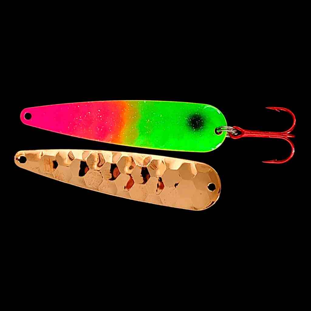 Pink Lime Attack Trolling Flutter Spoon with copper back.