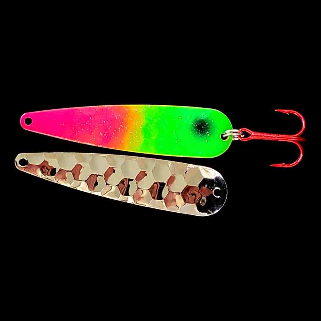 Pink Lime Attack Trolling Flutter Spoon with nickel back.