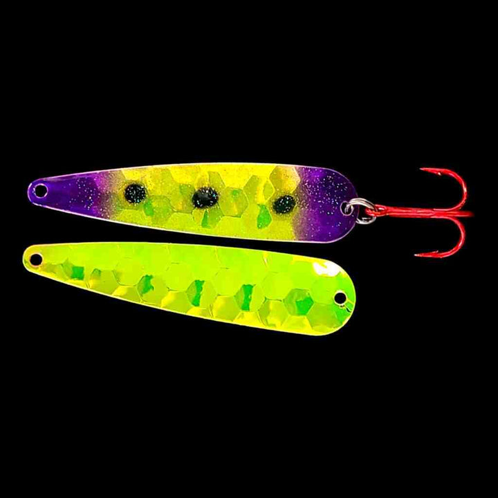 Purple Freeze Trolling Flutter Spoon with antifreeze back.