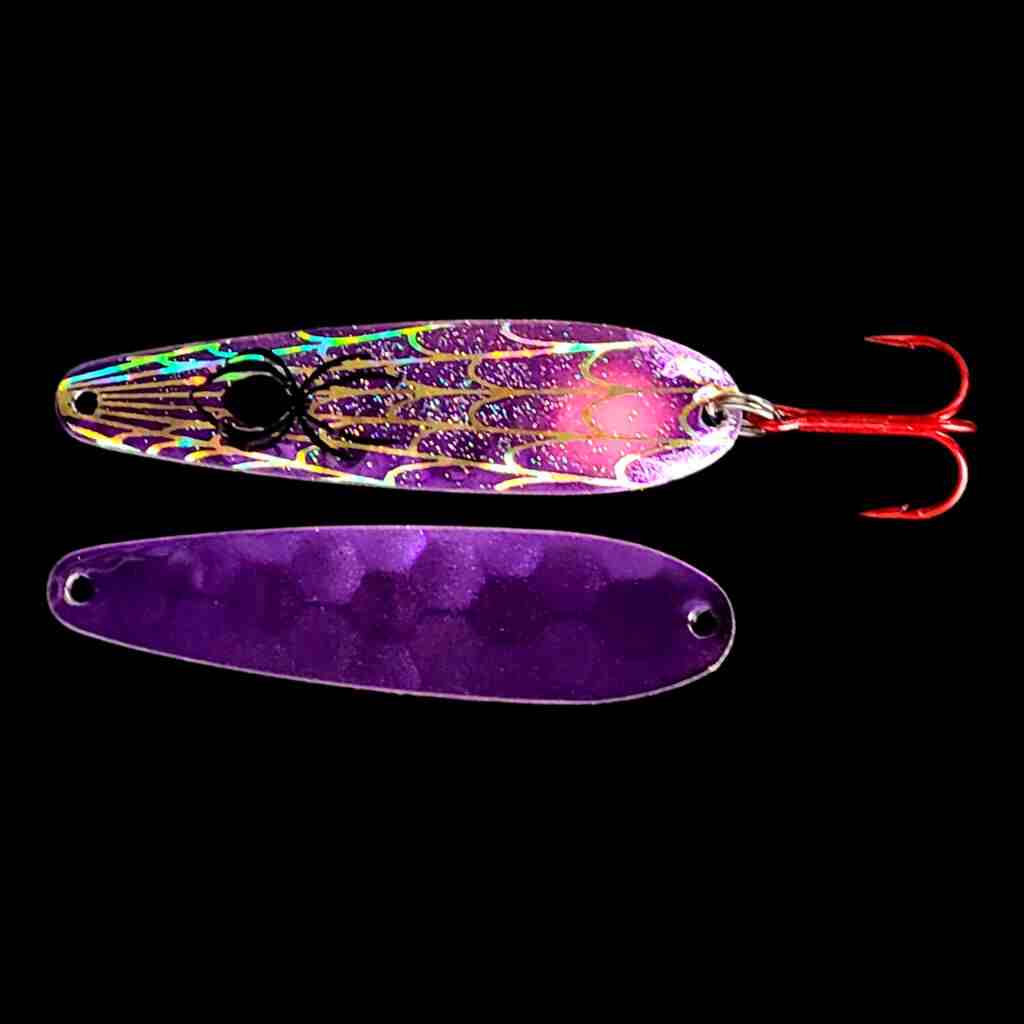 Bago Lures Purple Pink Splash Flutter Spoon with purple back.