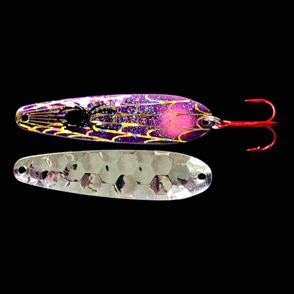 Bago Lures Purple Pink Splash Flutter Spoon with silver back.