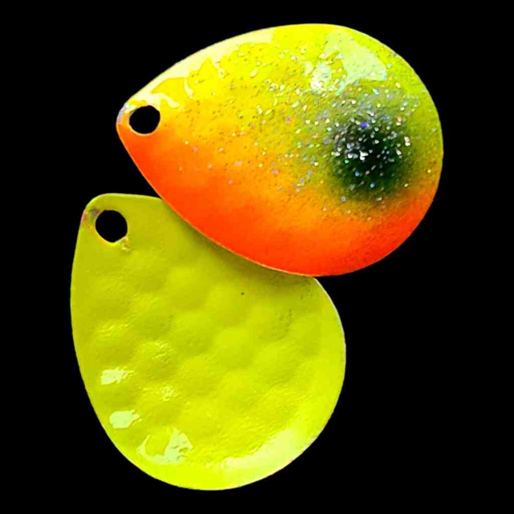 Bago Lures Sunrise Walleye Whisperer Deep Cup Colorado Blade with Hot Yellow Back.