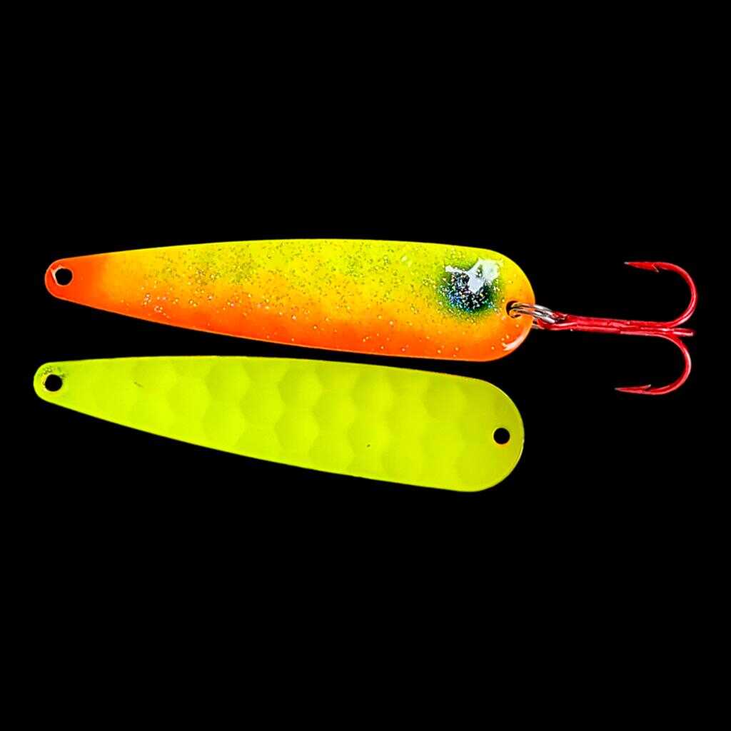 Sunrise Trolling Flutter Spoon with hot yellow back.