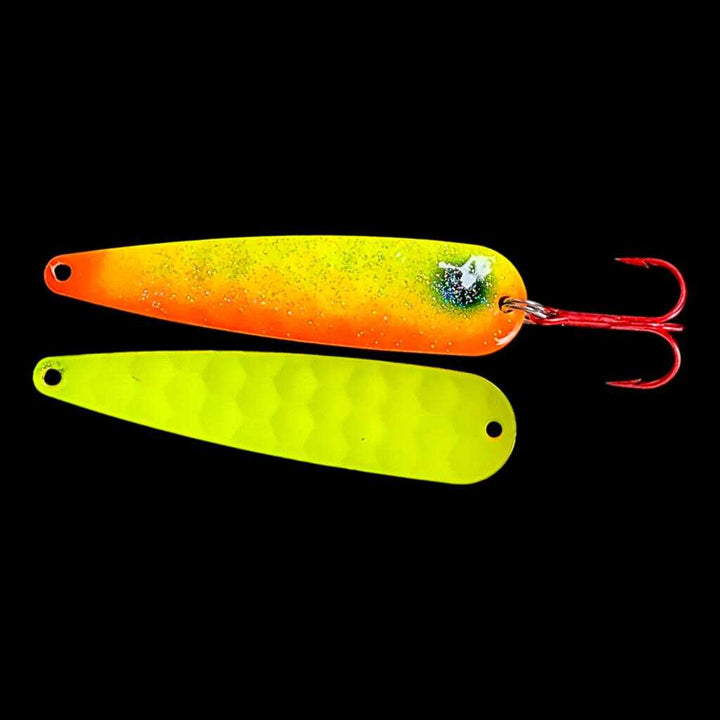 Sunrise Trolling Flutter Spoon with hot yellow back.