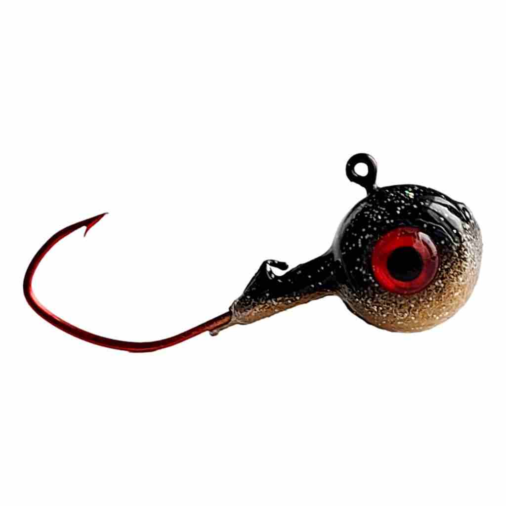 Bago Lures Trophy Chaser Minnow Eye Pill Head Jig in Black and Gold Sparkle finish.